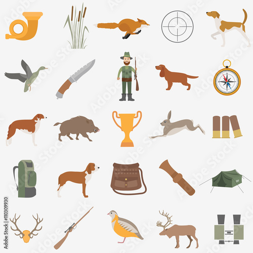 Hunting icon set. Dog hunting, equipment. Flat style