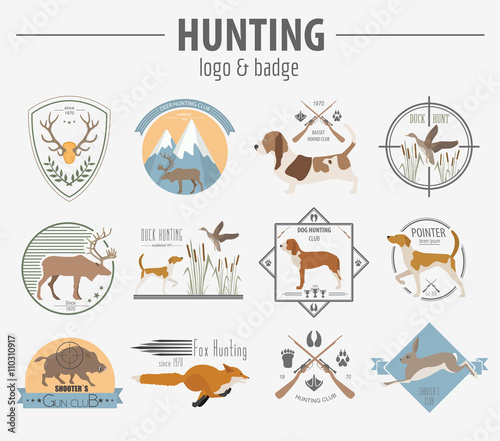 Hunting logo and badge template. Dog hunting, equipment.  Flat d