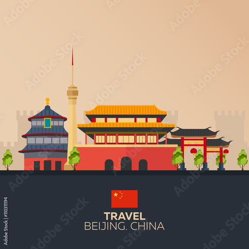 Trip to China. Vacation. Road trip. Tourism. Journey. Travelling illustration Beijing city. Modern flat design. China. Beijing skyline