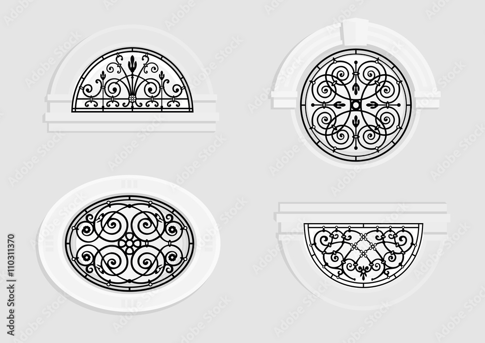 Set round and arched windows with wrought iron bars in a classic style ...