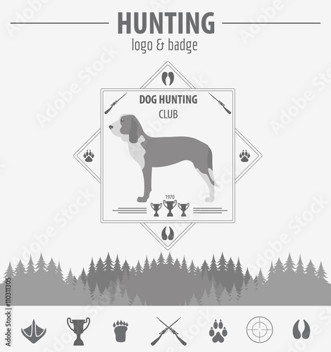 Hunting logo and badge template. Dog hunting, equipment.  Flat d