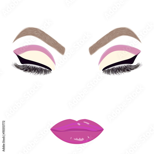 Beautiful woman's face with closed eyes. Woman face with fashion makeup. Sexy lips. Perfect eyebrow. Vector illustration.