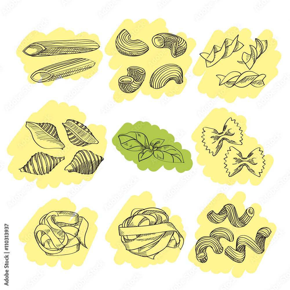 Different sorts of traditional pasta sketch. Great design element for italian restaurants and pasta restaurants.
