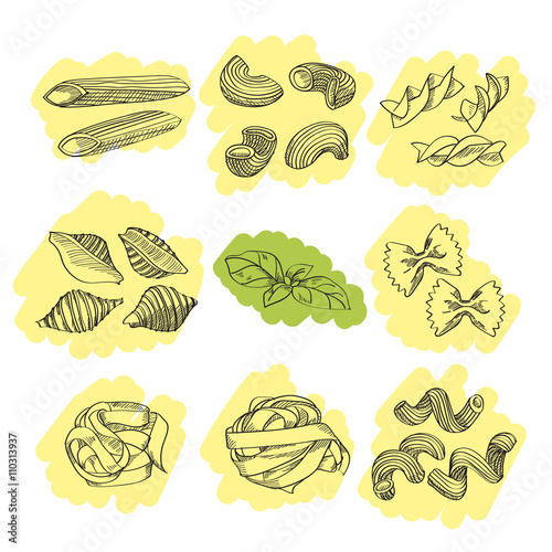 Different sorts of traditional pasta sketch. Great design element for italian restaurants and pasta restaurants.
