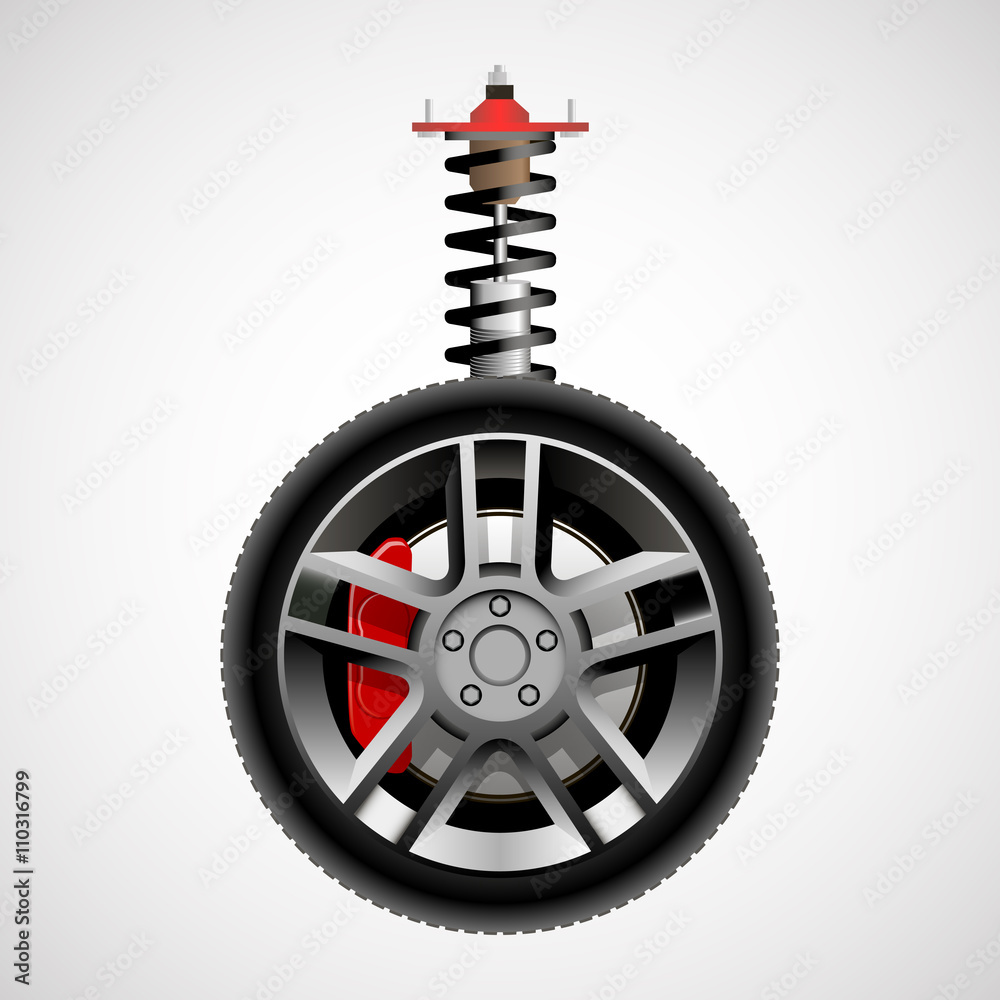 Car wheel with suspension elements - obrazy, fototapety, plakaty 