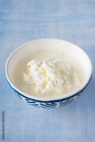 Delicious creamy filling of Apulian burrata cheese, called stracciatella. Selective focus.