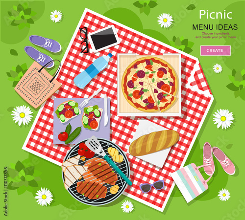 Cool graphic vector concept of picnic for summer vacation with barbecue grill, pizza, sandwiches, fresh bread, vegetables and bottle of water laid out on a red and white checked cloth. 
