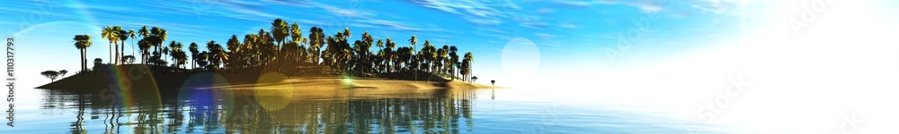 sea sunset, panoramic, 3D rendering.
Sunset over a tropical island on a background of blue sky with clouds.