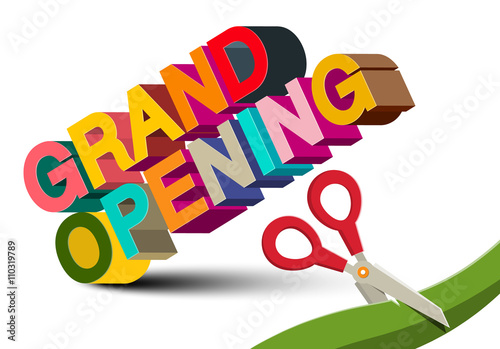 Grand Opening 3D Colorful Vector Title with Scissors on White Background