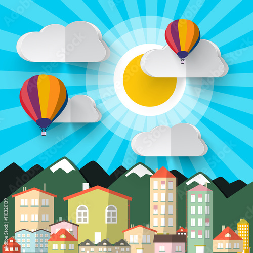 Flat Design Paper Cut City. Abstract Vector Mountains City. Sky with Clouds and Hot Air Balloons. Retro Vector Houses.