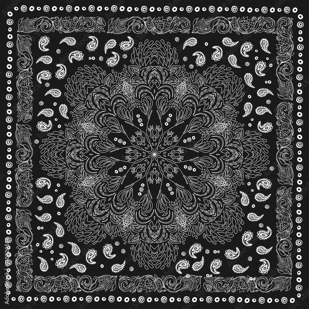Paisley and peacock. Bandana print with design for silk neck scarf.Traditional  ethnic pattern. Black and white vector image. Stock Vector | Adobe Stock