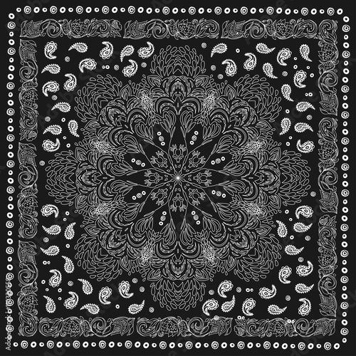 Paisley and peacock. Bandana print with  design for silk neck scarf.Traditional ethnic pattern. Black and white vector image.