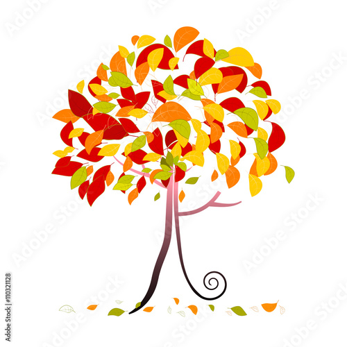 Tree Illustration - Abstract Vector Autumn Tree with Falling Leaves Isolated on White Background