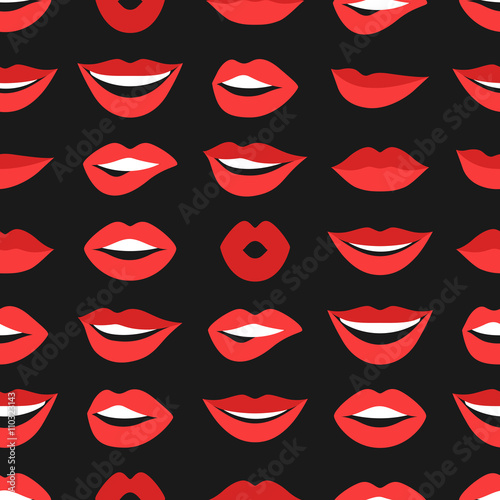 Female lips seamless pattern. Mouths with red lipstick in variety of expressions. Easy to use for backdrop, textile, wrapping paper