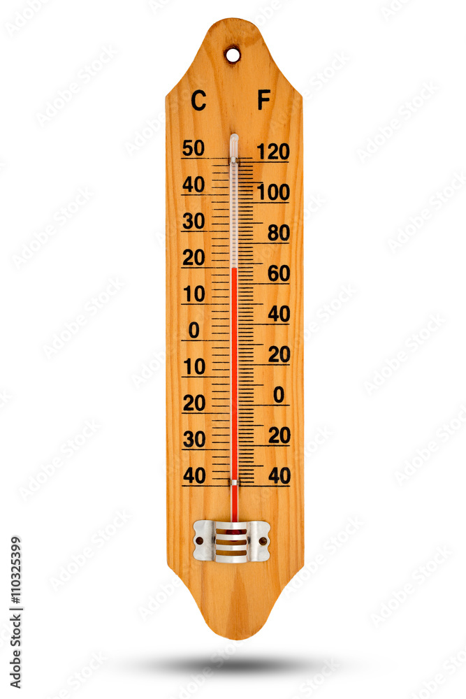 Thermometer on wooden base with celsius scale. Icon for your design. Temperature 20 degree Celsius. Thermometer on wooden base with celsius scale. Icon for your design. Temperature 20 degree Celsius.