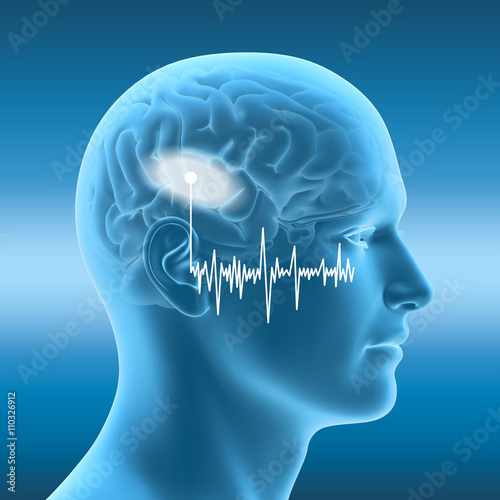 Human ear with sound waves and marked brain photo