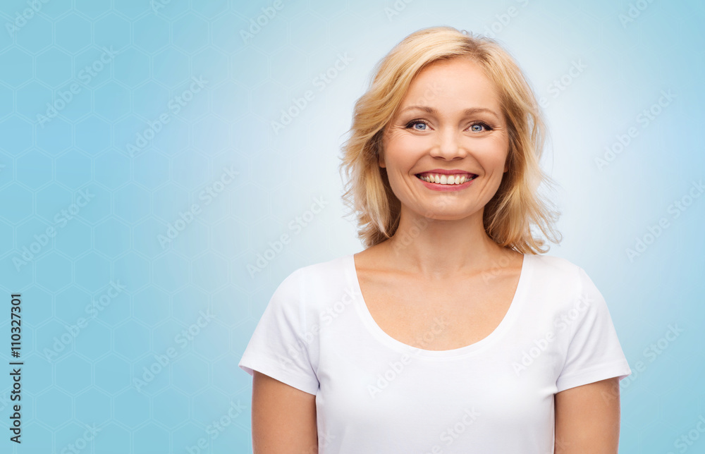 smiling woman in blank white t-shirt smiling woman in blank white t-shirt