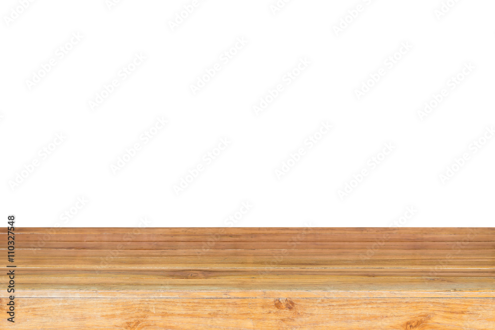 Empty top of wooden table or counter isolated on white backgroun Empty top of wooden table or counter isolated on white backgroun