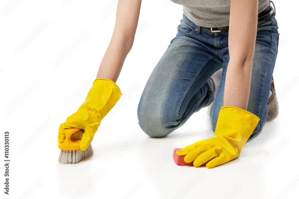 Woman with sponge and scrub brush isolated