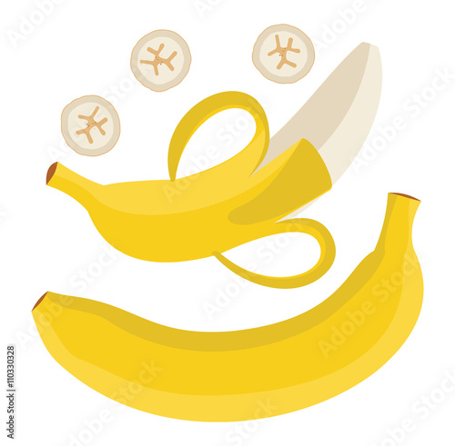 Set of vector bananas. Single banana. Peeled banana and sliced b