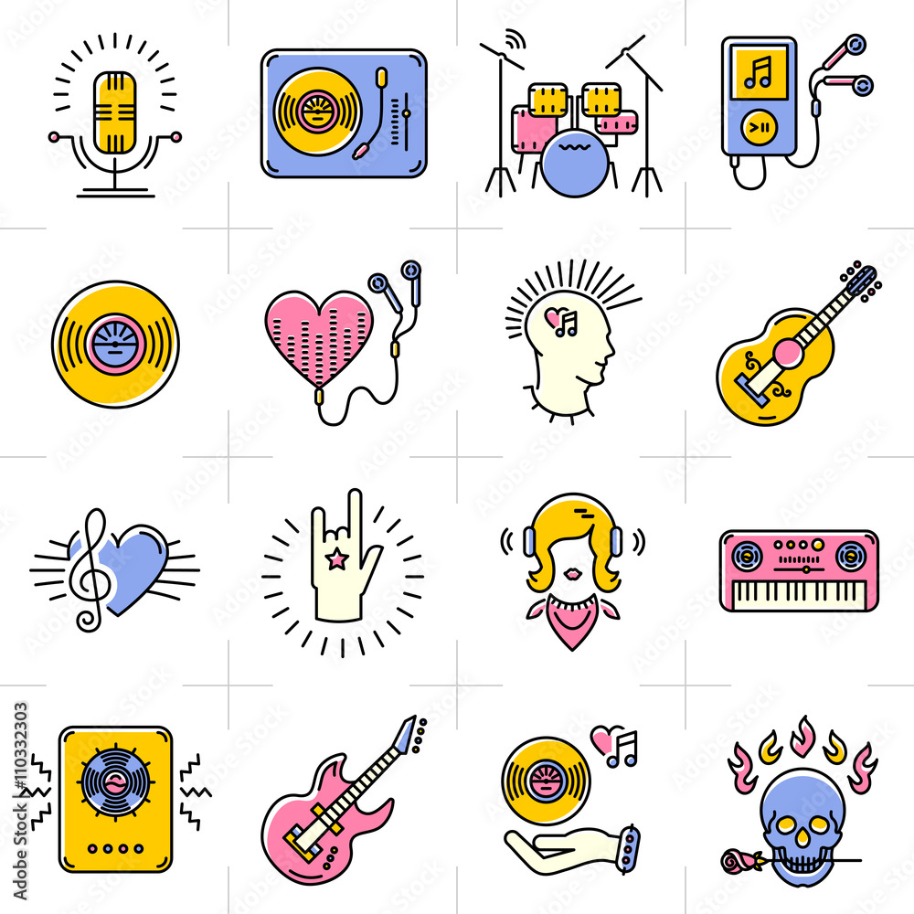 Naklejka premium Music icons set Rock punk jazz symbols in the trendy line art style. Skull icon, notes, instruments, guitar, dj. Vector music illustration