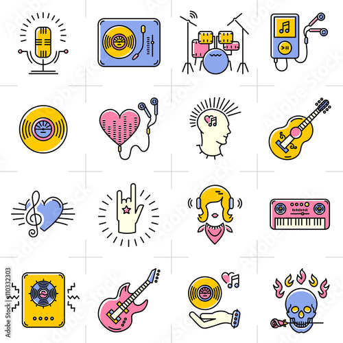Music icons set Rock punk jazz symbols in the trendy line art style. Skull icon, notes, instruments, guitar, dj. Vector music illustration