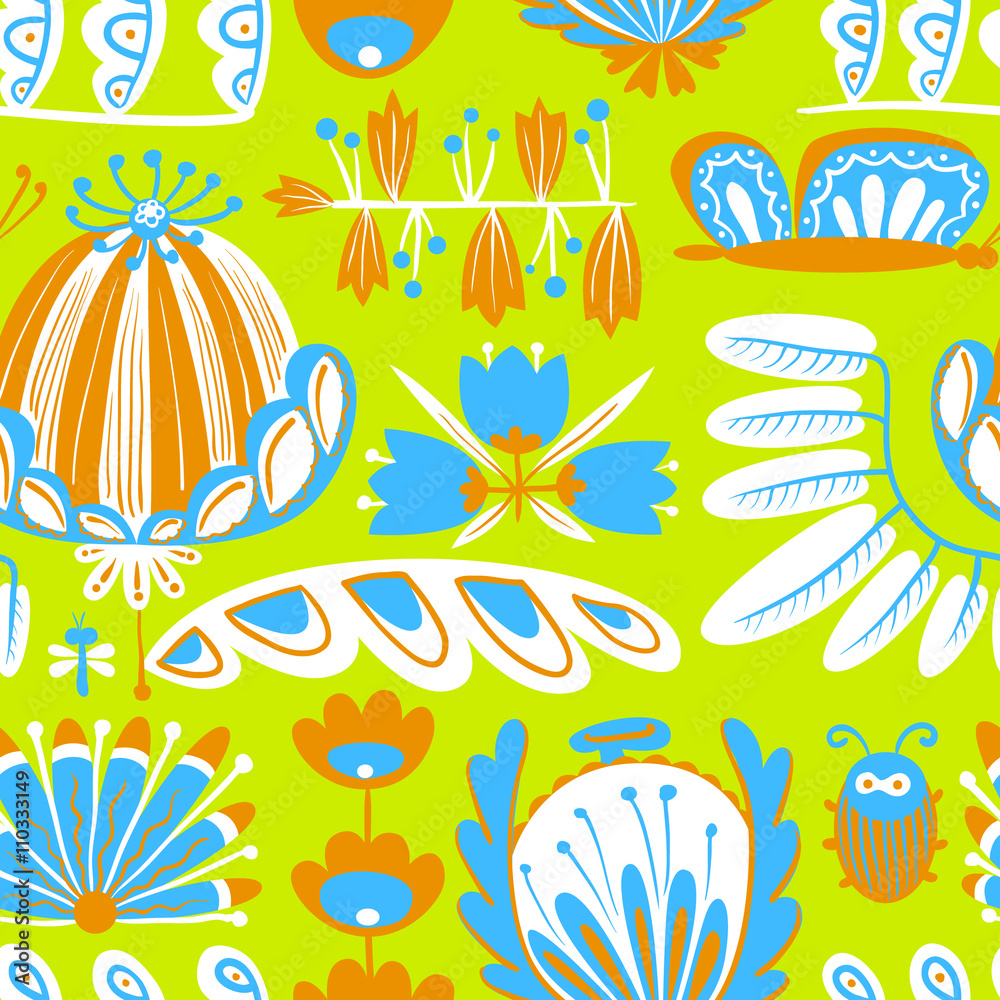 Fototapeta premium Vector decorative seamless background with flowers, bug and butterfly