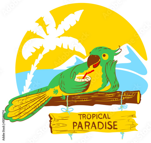  Vector parrot with cocktail on wooden designator to the tropical beach