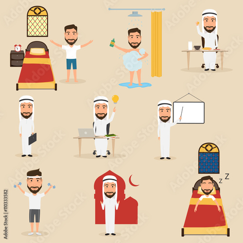 routine of business character with arab man.