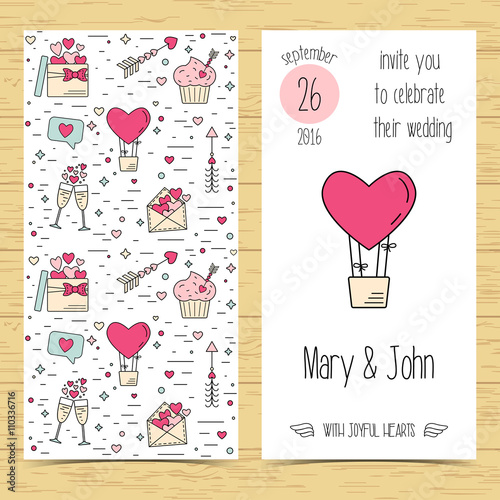 Wedding invitation card with line icons. Flat design. Vector