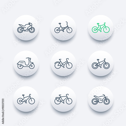 Bikes line icons set, bicycle, cycling, motorcycle, motorbike, fat bike, scooter, electric bike, round modern icons, vector illustration