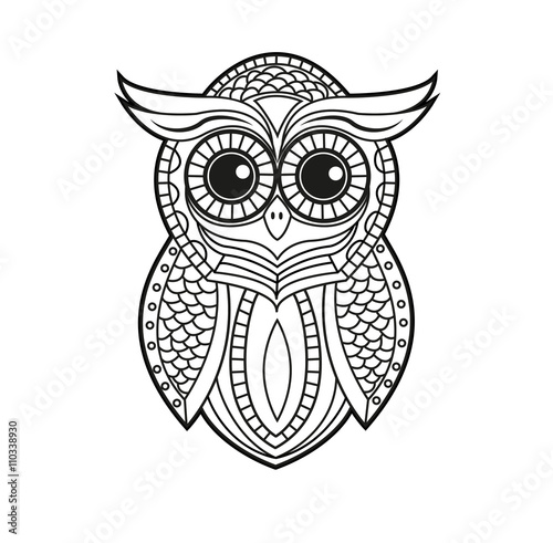 Decorated black and white owl vector for coloring, civetta decorata in bianco e nero da colorare photo