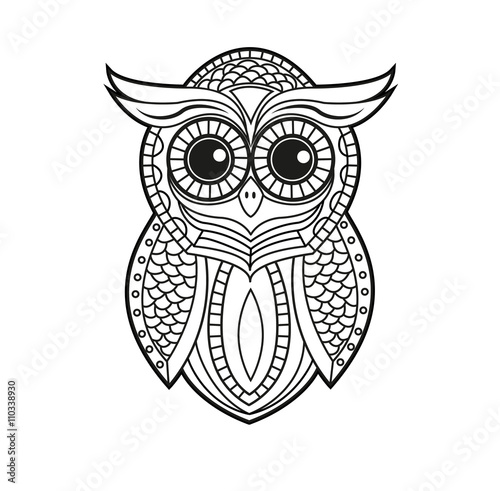 Decorated black and white owl vector for coloring, civetta decorata in bianco e nero da colorare