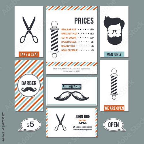 Hair salon barber shop vintage business cards  and services prices design templates