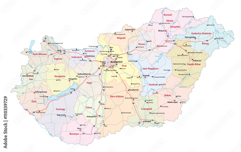 detailed vector roads and administrative map of Hungary with the main cities and rivers