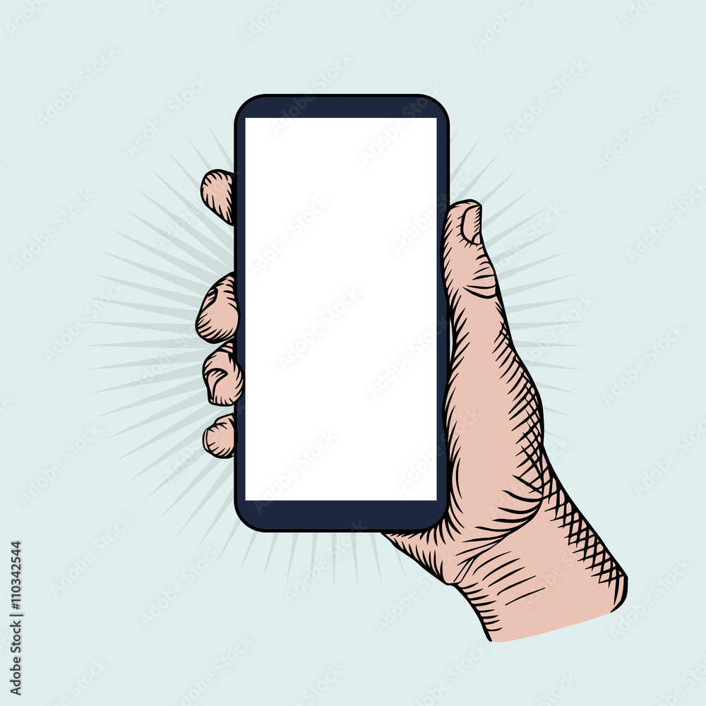 Hand holding smartphone Phone touch gestures Vintage sketch style Vector  color illustration Stock Vector  Adobe Stock
