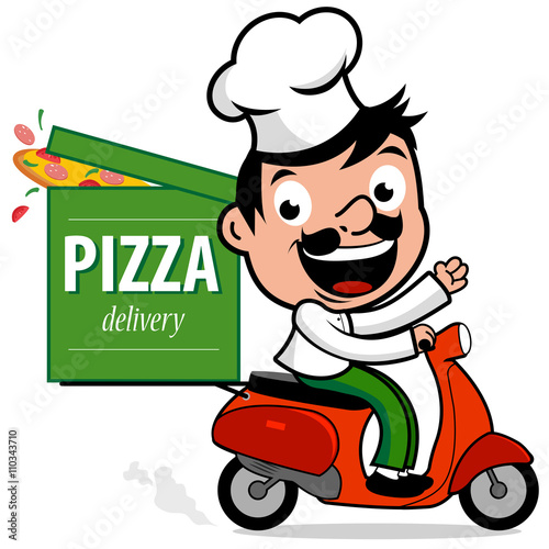 Pizza delivery chef riding a scooter. Vector illustration