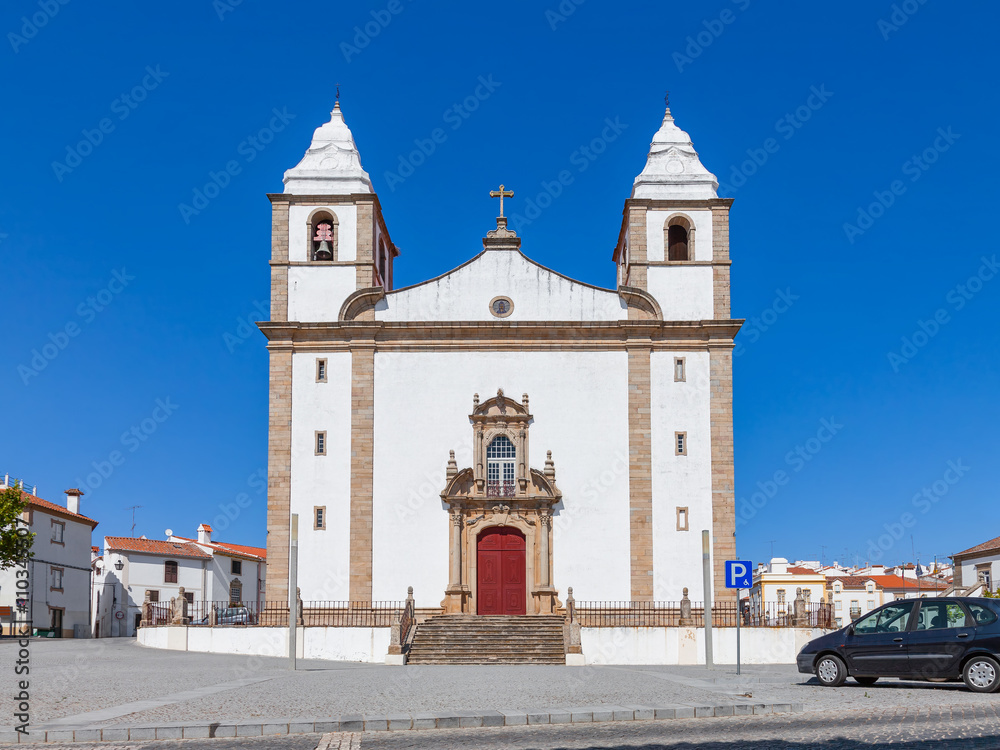 Facade of Santa Maria da Devesa church, the mother church of Castelo de Vide, Alto Alentejo, Portugal.