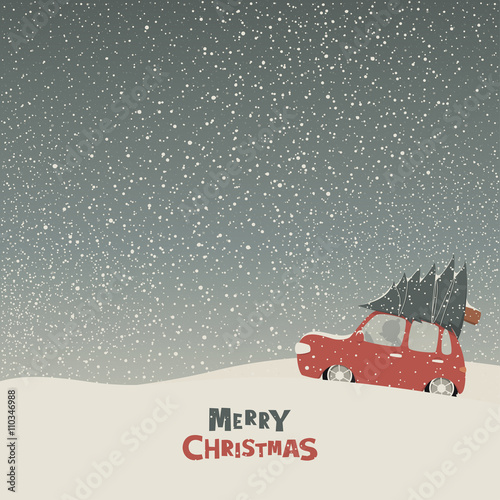Vector greeting card with a man carries home a Christmas tree on car roof in a snowy day