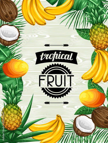 Background with tropical fruits and leaves. Design for advertising booklets, labels, packaging, menu