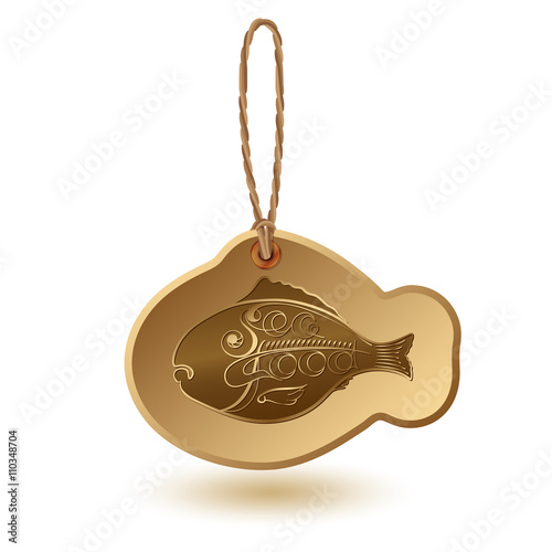 Fish shaped tag with handwritten word Seafood.