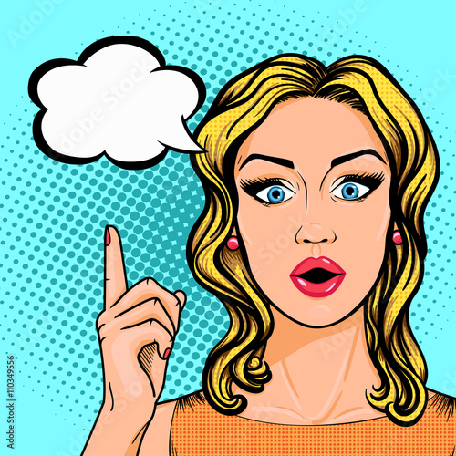 Pop art business woman pointing up on thought cloud in retro comic sketch style. Stunned woman face with open mouth - idea or solution of problem concept.