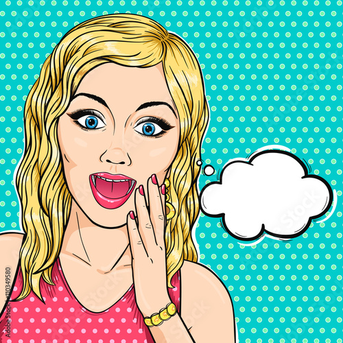 Vector pop art excited woman face with open mouth and thought bubble in comic style. Cheerful blonde woman thinking.