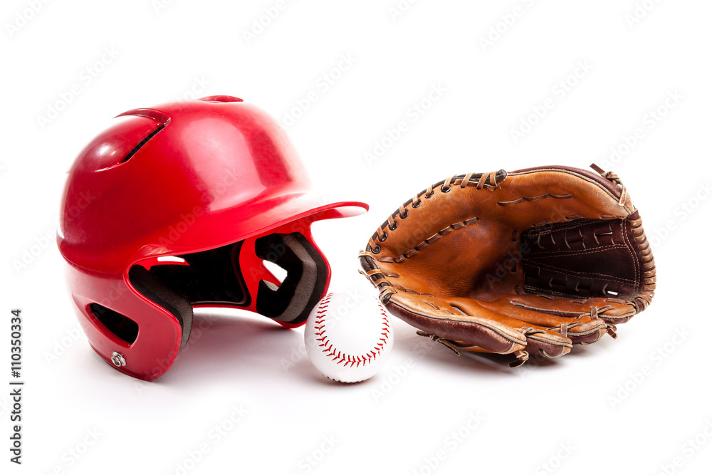 Fototapeta premium Baseball Helmet, Glove and Ball on White Background