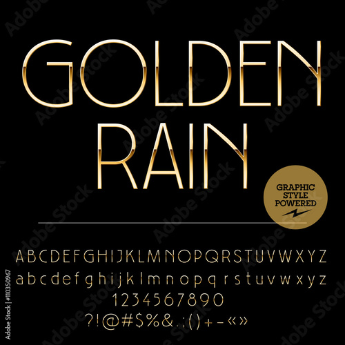 Vector set of elegant golden alphabet letters, numbers and punctuation symbols. Art Deco slim style