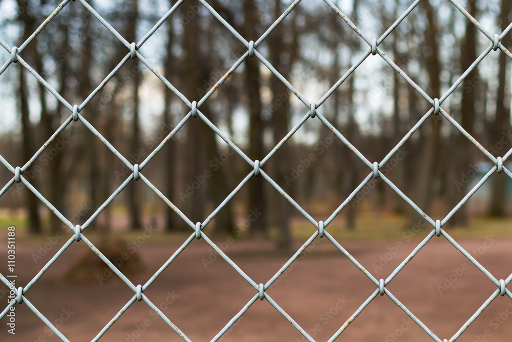 Steel Grating grid on blur park background. Steel Grating grid on blur park background.