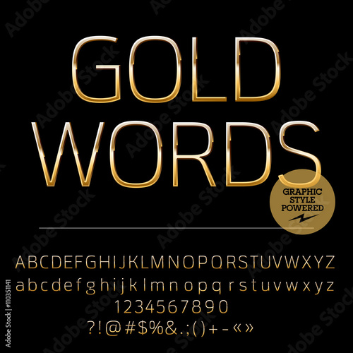 Vector set of shiny golden alphabet letters, numbers and punctuation symbols. Compact normal style