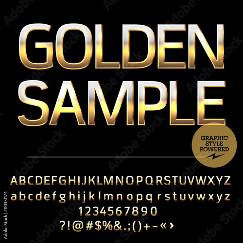 Vector set of deluxe gold alphabet letters, numbers and punctuation symbols. Compact bold style