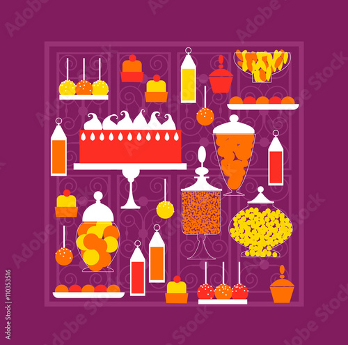 Candy Buffet in square frame. Dessert bar.  Birthday sweet table. Vector illustration.