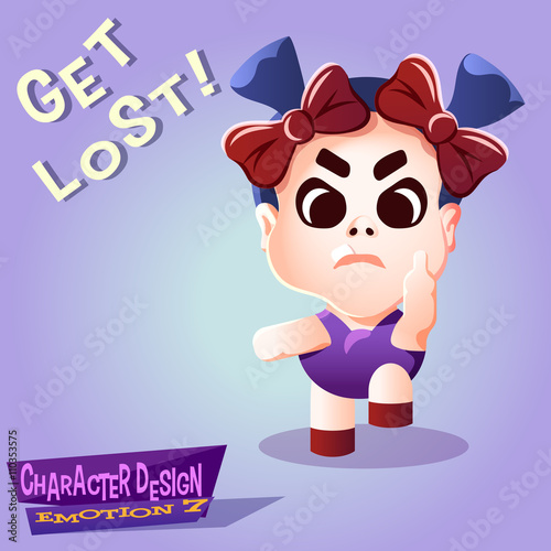 Bad stomp little girl with pigtails and bows. Angry Tot with get out expression and fuck you off sign isolated vector illustration.